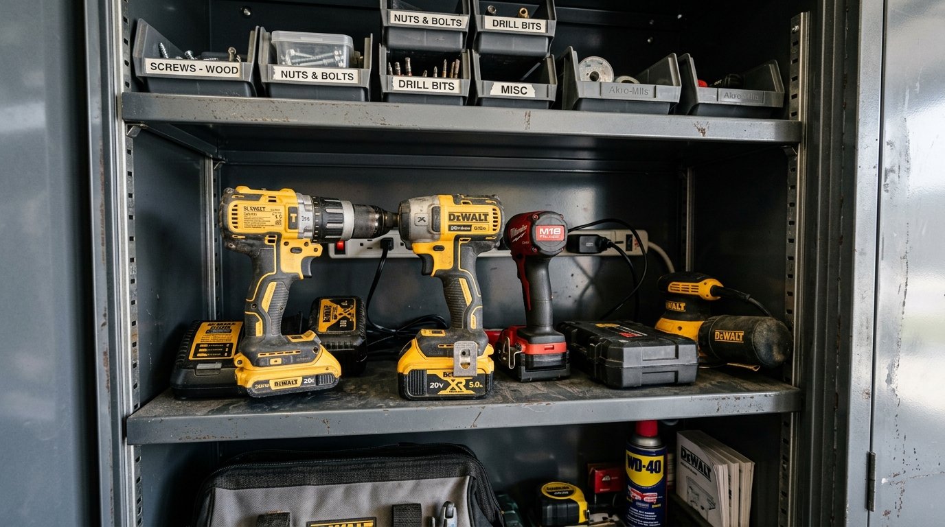 Heavy duty steel garage cabinet interior with power tools and adjustable shelves