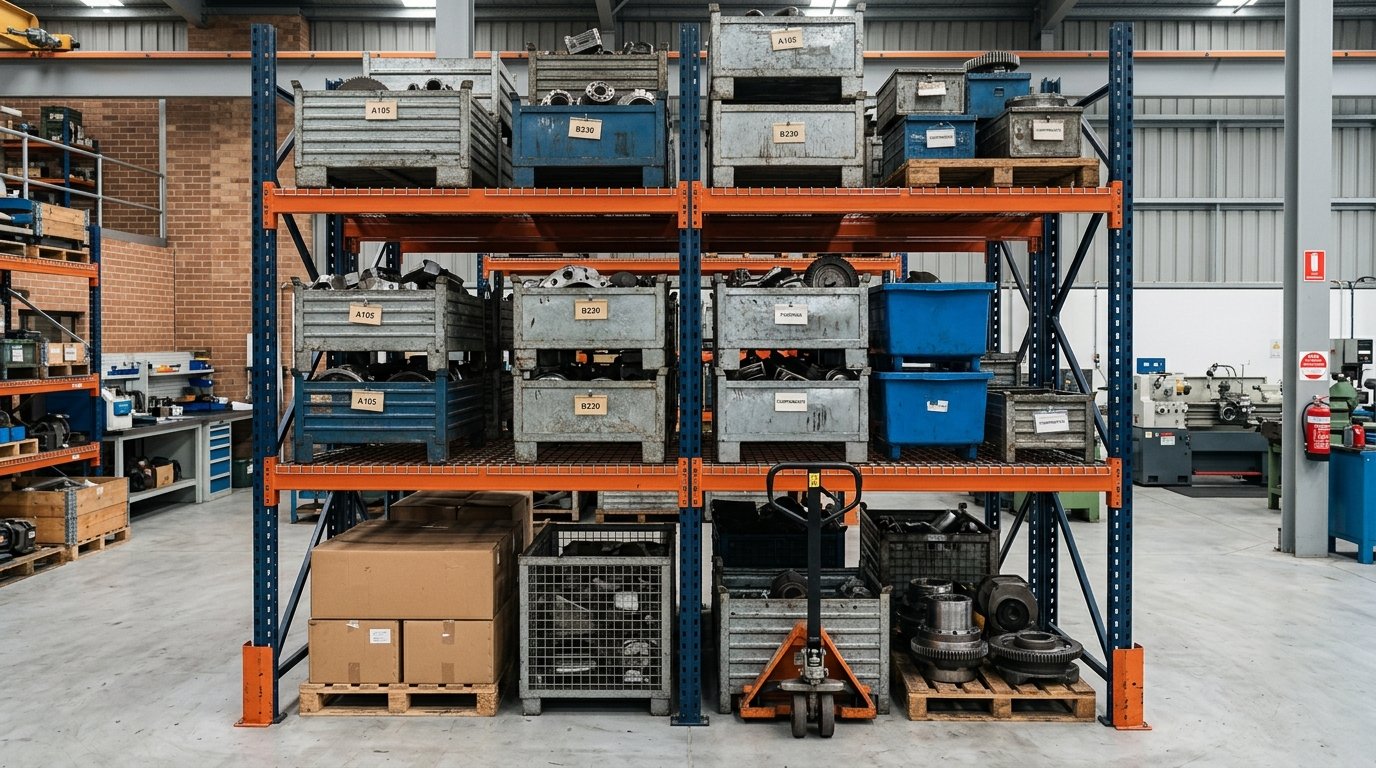 Warehouse bulk rack shelving with heavy span steel beams