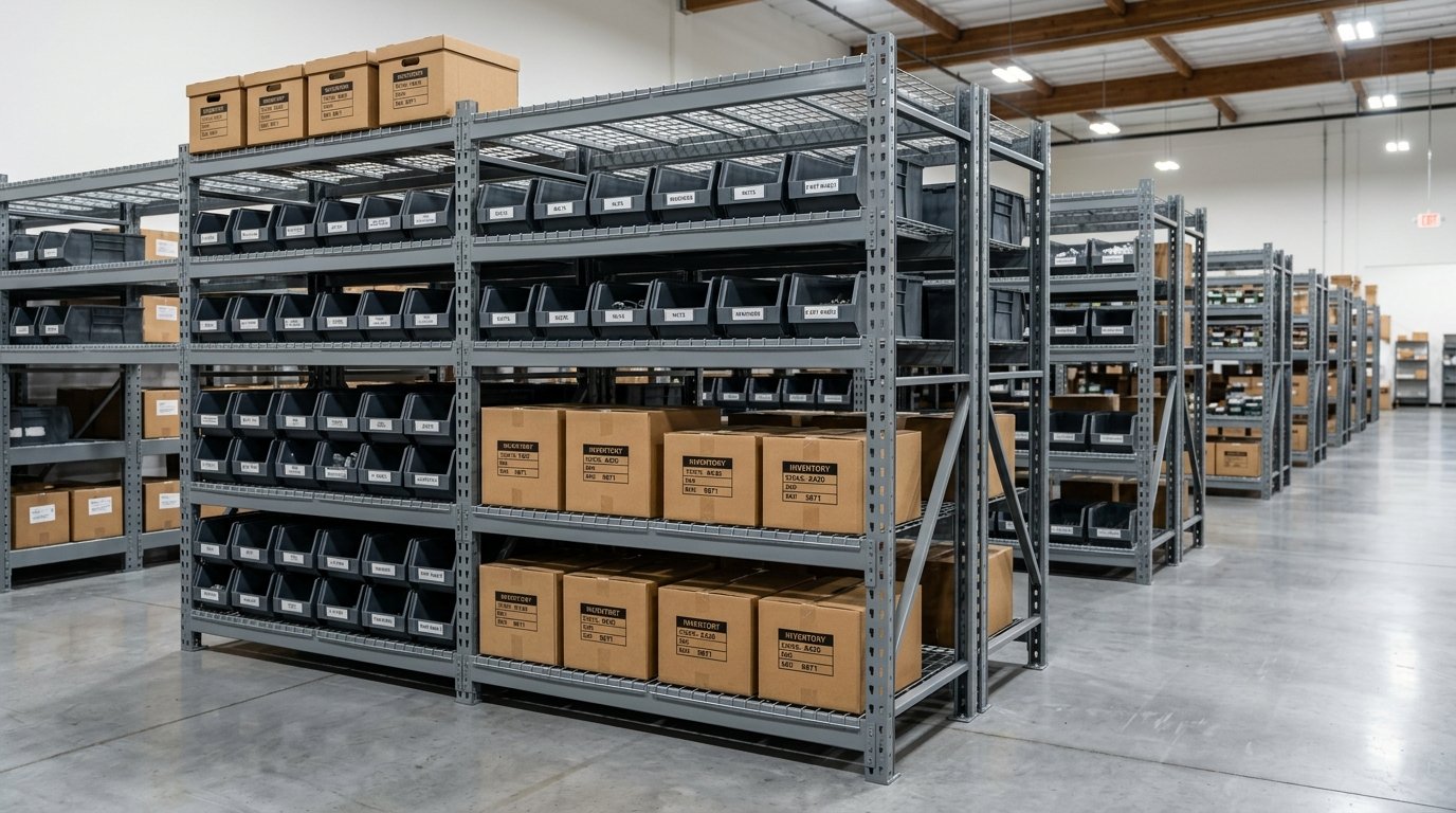 Steel shelving units in a clean industrial warehouse stockroom