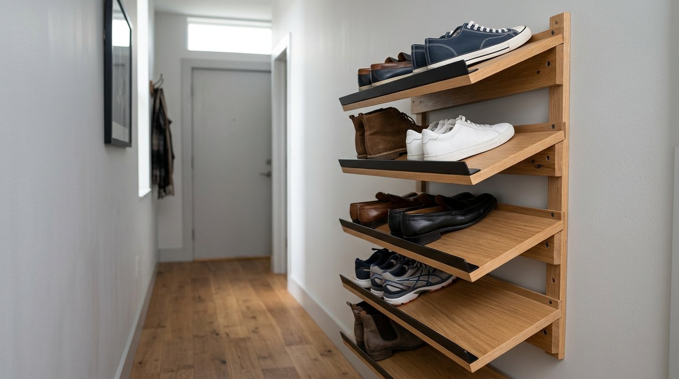 Angled wall shoe rack with heel stop lip in narrow corridor