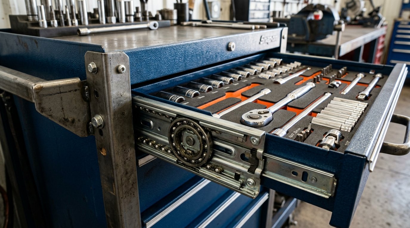 Full-extension ball bearing drawer slides on industrial rolling tool cabinet