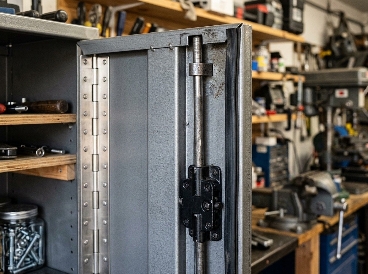 Close-up of three-point cremone locking rod mechanism and full length piano hinge on steel garage wall cabinet