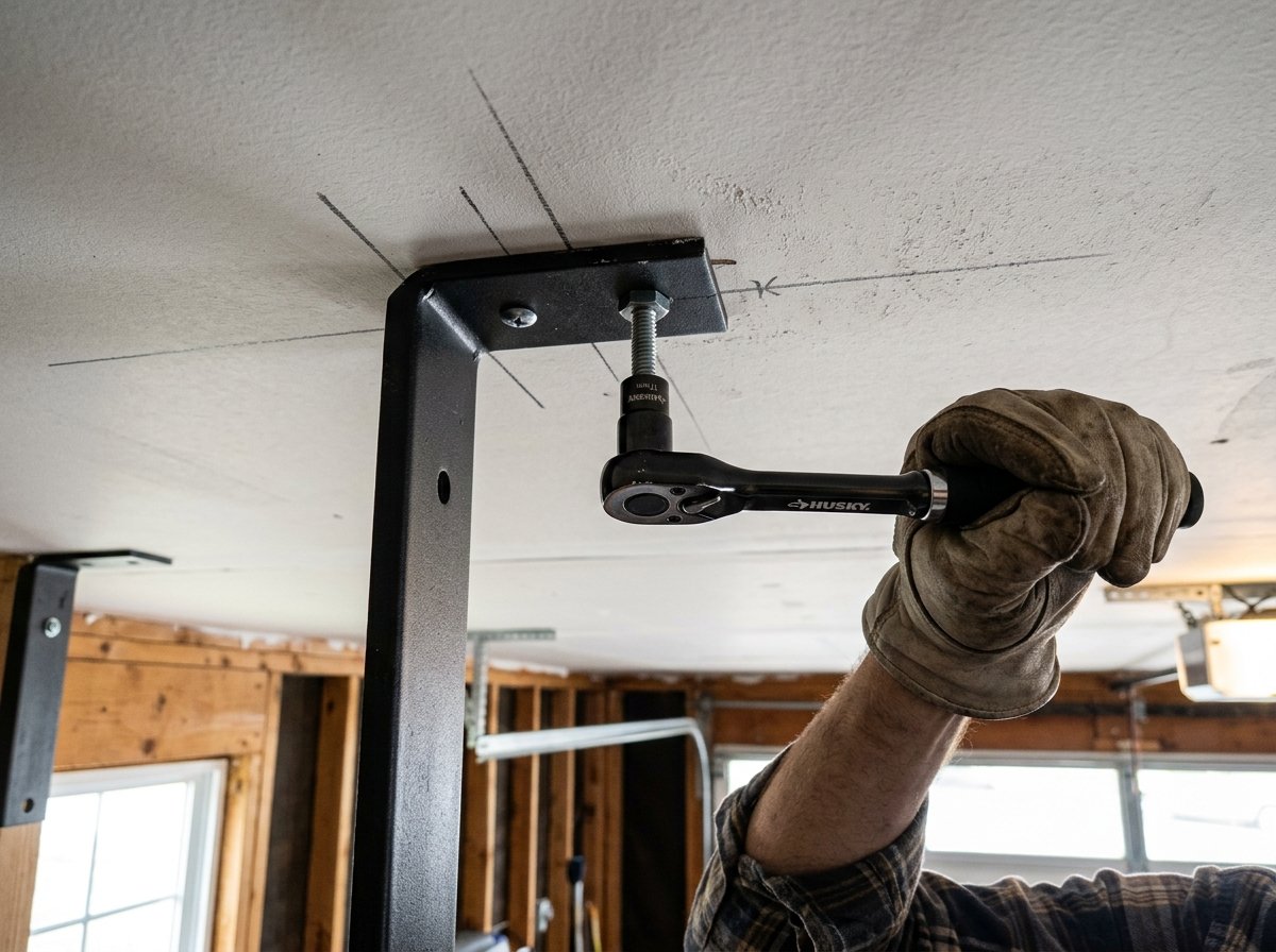 Driving heavy lag bolt through overhead rack mounting bracket into center of wooden ceiling joist