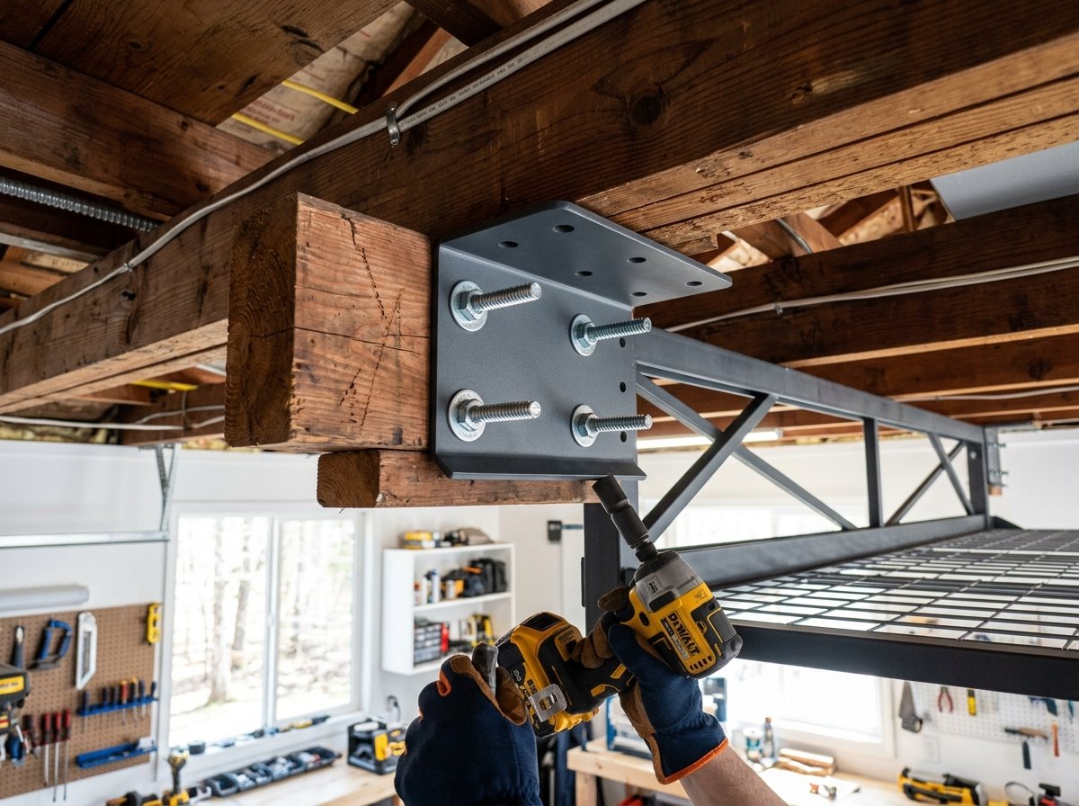 Installing heavy steel garage hanging storage bracket into ceiling joists with structural lag screws