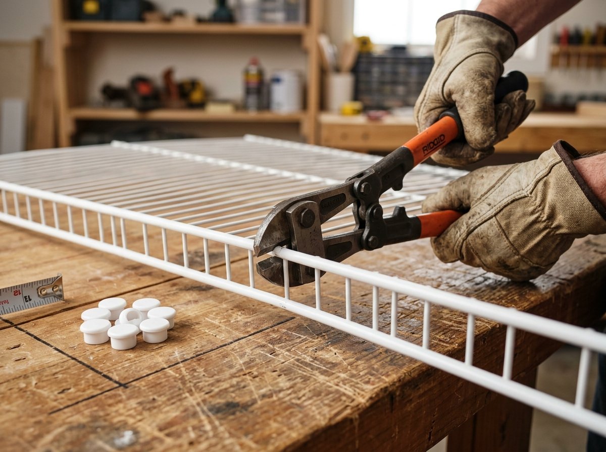 Using bolt cutters to trim white ClosetMaid wire shelving with protective end caps on workbench