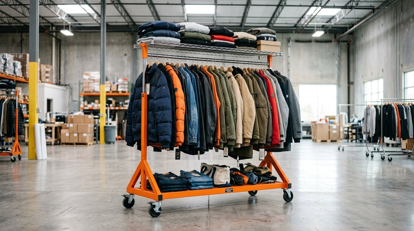 Commercial heavy duty orange Z rack rolling clothing rack in warehouse