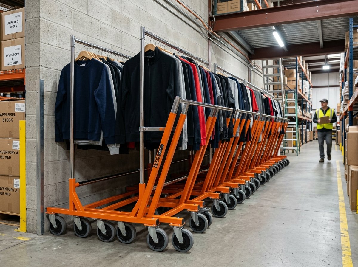 Commercial heavy-duty Z-frame rolling garment racks nested in warehouse stockroom
