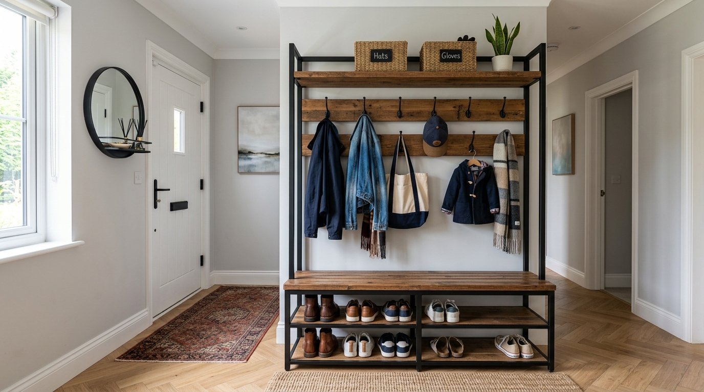 Hall tree shoe rack bench with upper coat hooks and lower shelves