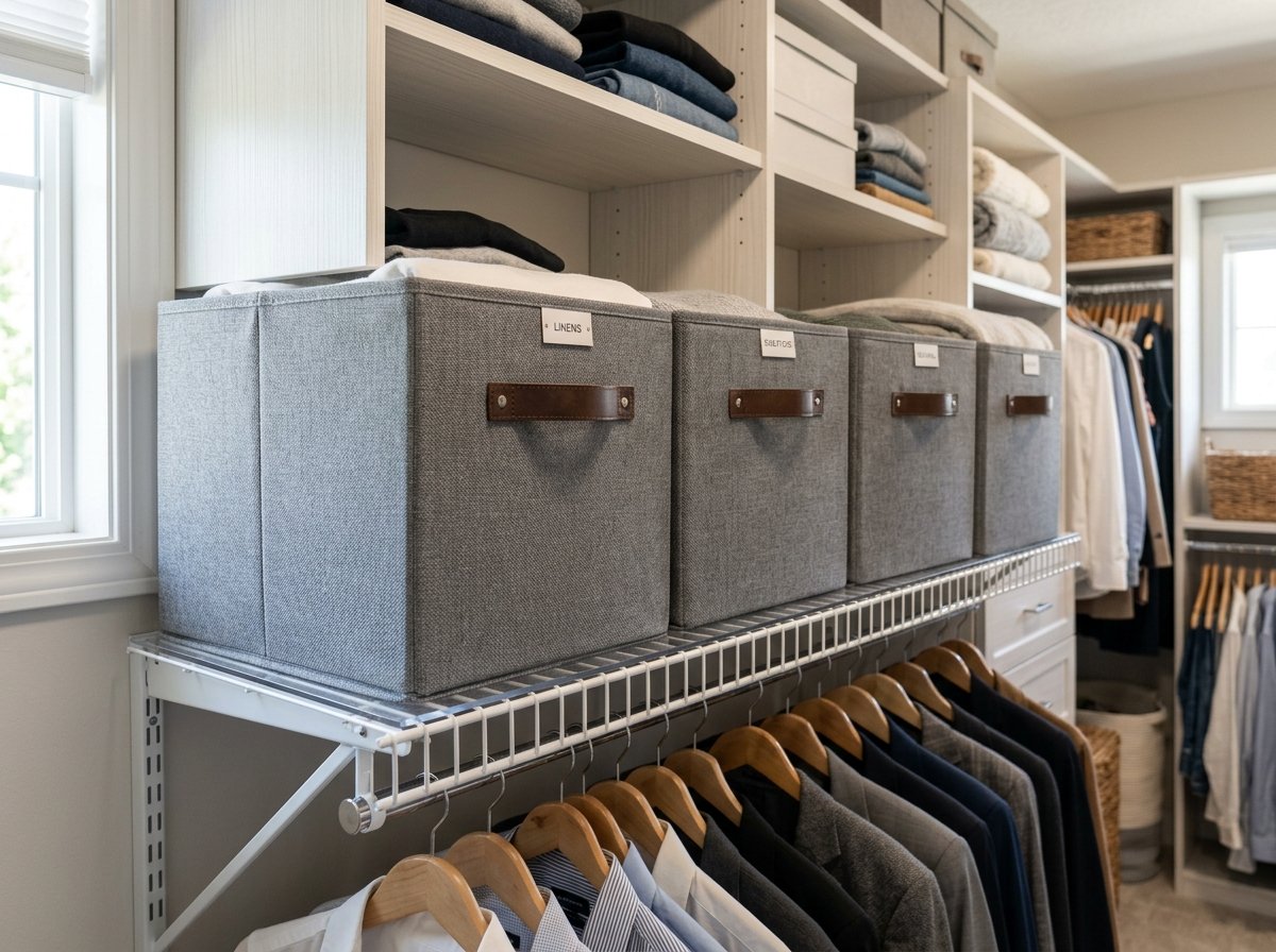 Gray fabric closet storage bins on white wire closet shelf with clear liner