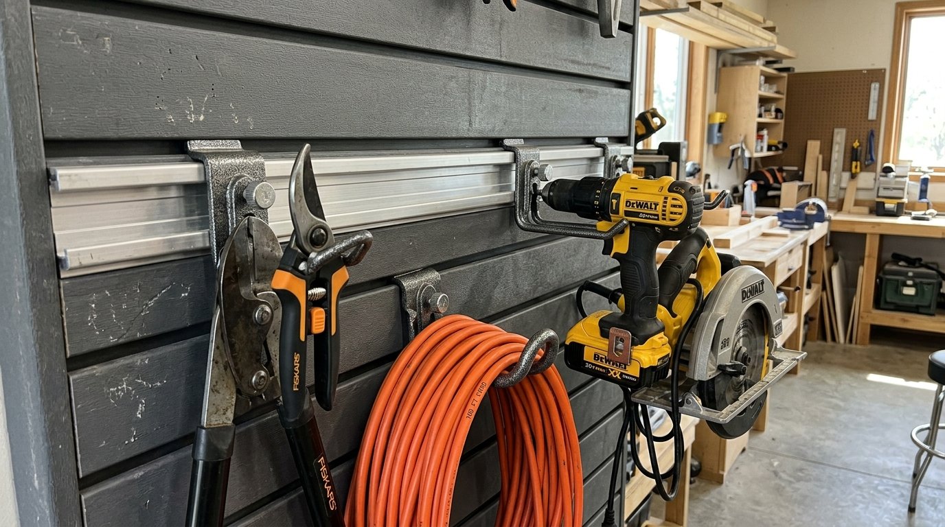 Garage slatwall panel system with locking metal utility hooks