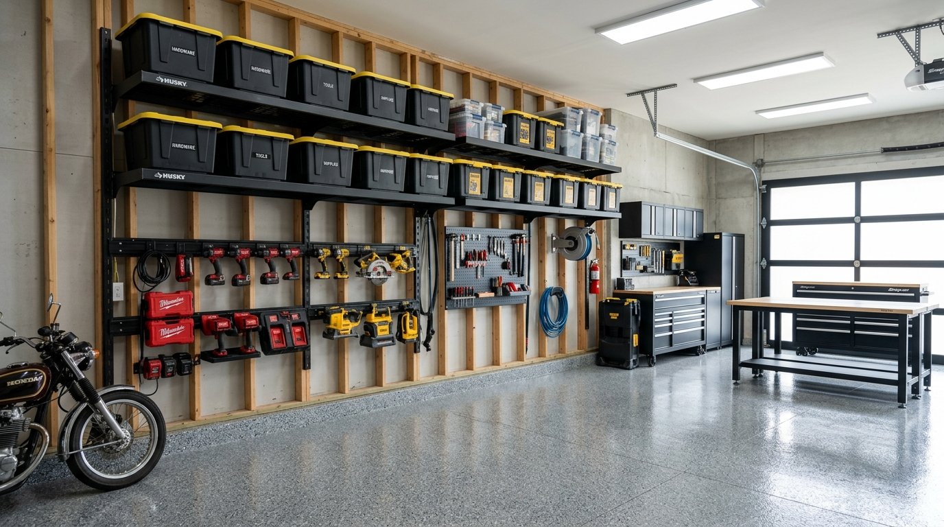 Modern heavy-duty garage wall storage system mounted to wall studs