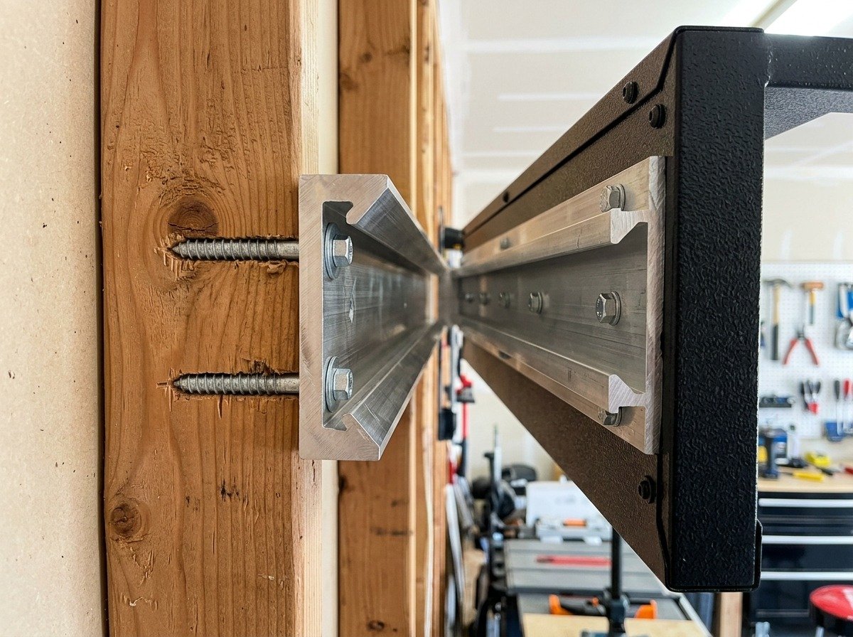 Extruded aluminum French cleat mounting bracket system for garage wall cabinet lag bolted to wall stud