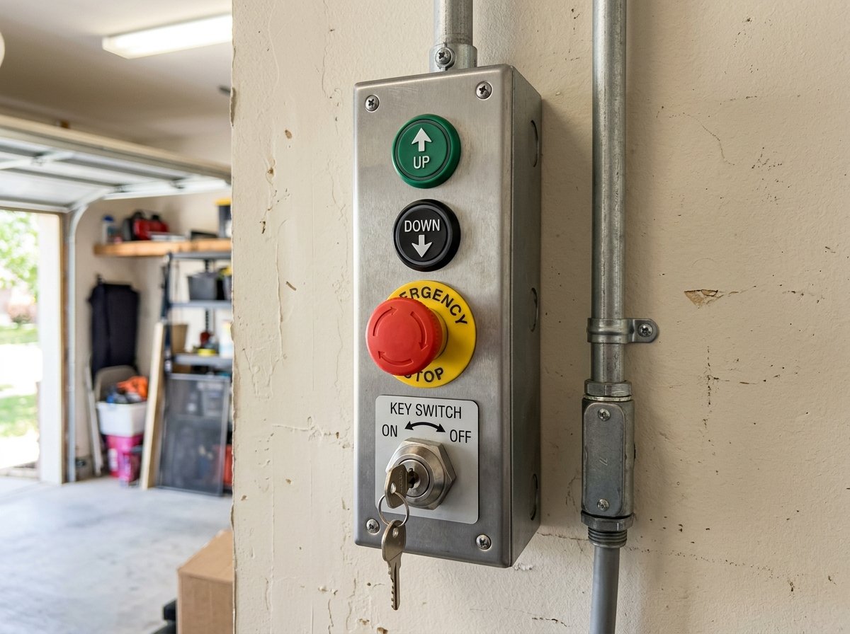 Wall mounted control station with up down buttons and emergency safety key for garage elevator