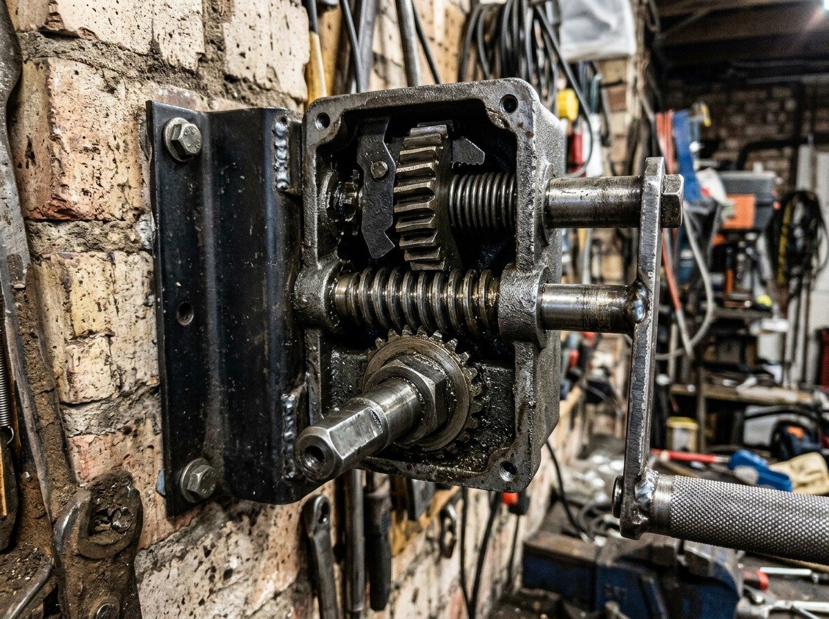 Worm-gear drive and drill-ready hex spindle on manual garage storage lift with internal safety brake lock