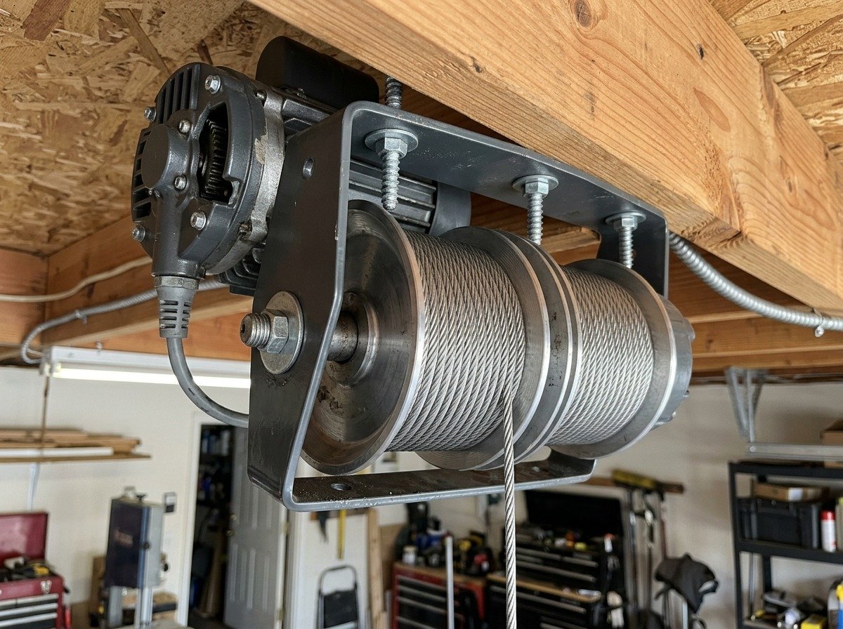 Electric winch motor and steel cable drum spools for overhead garage storage lift lag bolted to ceiling joists