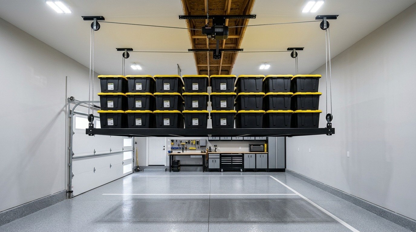 Modern residential garage with heavy-duty motorized overhead garage storage lift platform holding black and yellow storage totes
