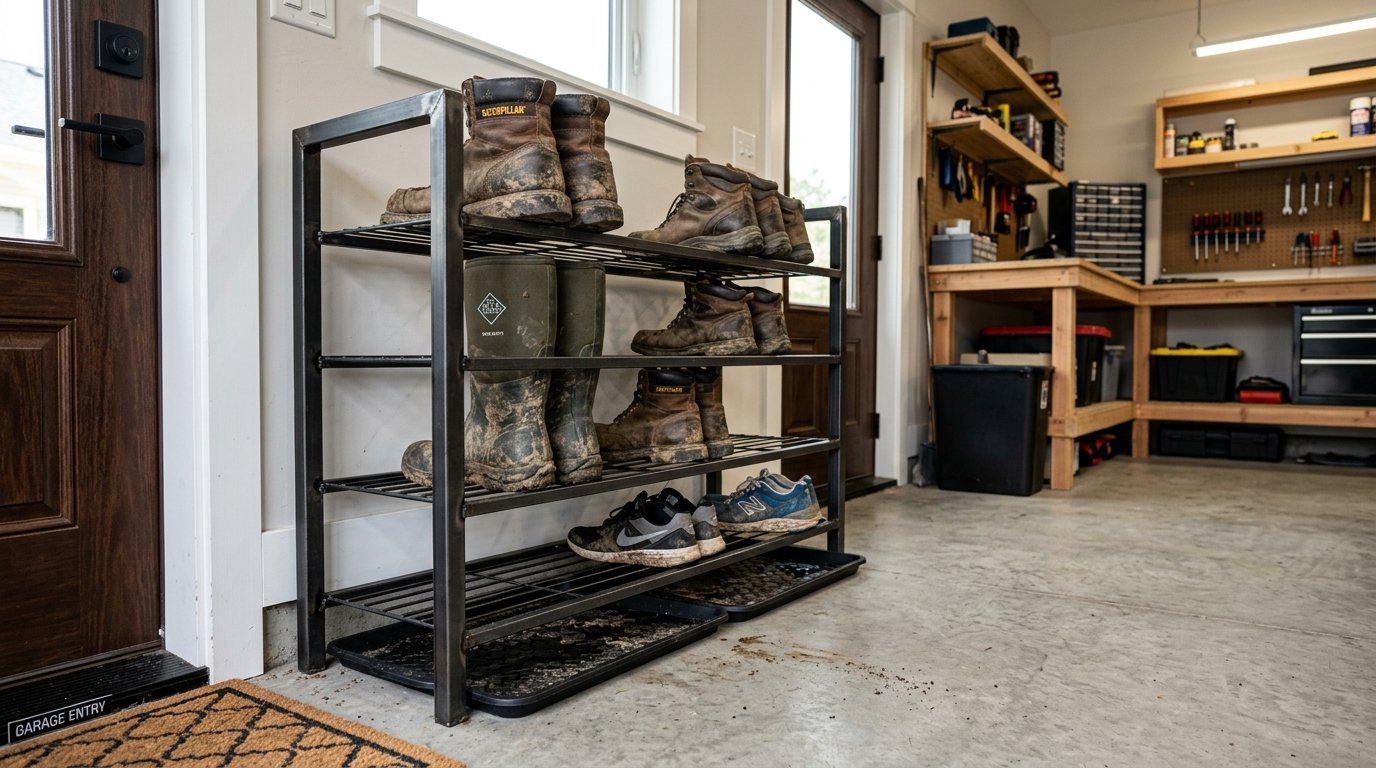 Heavy duty metal slatted shoe and boot rack with drip trays in garage