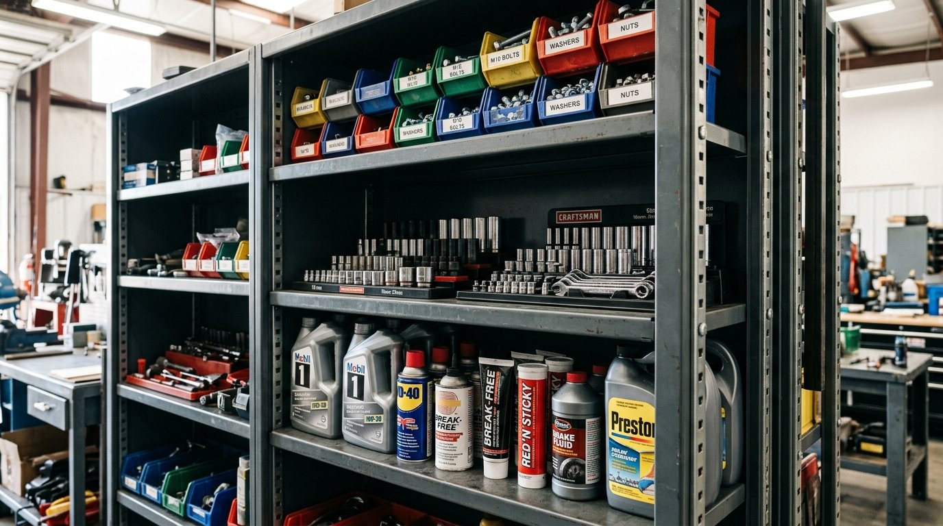 Adjustable steel shelves inside commercial metal storage cabinet holding heavy hardware