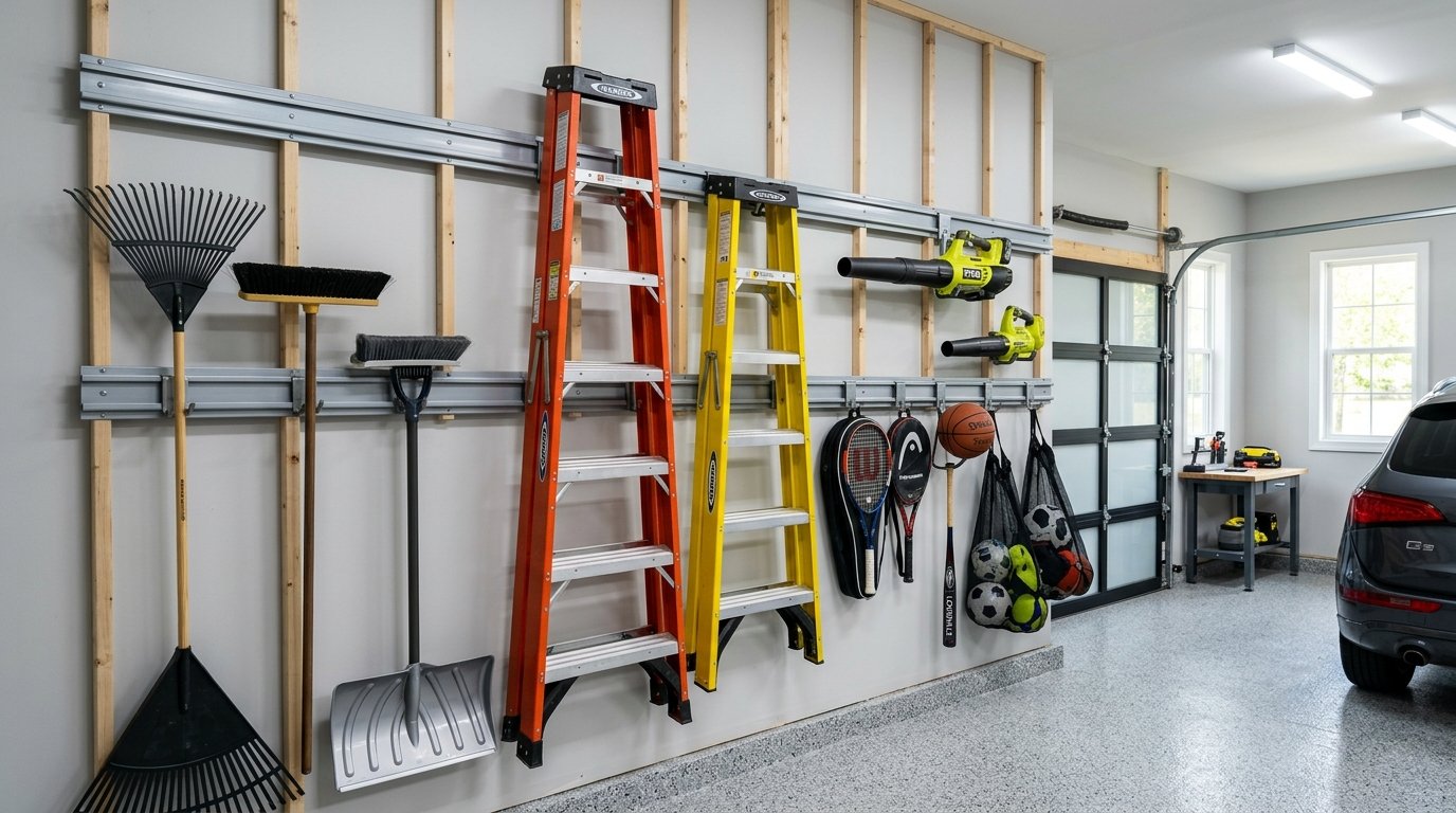 Heavy duty horizontal wall track system holding ladders and garden gear