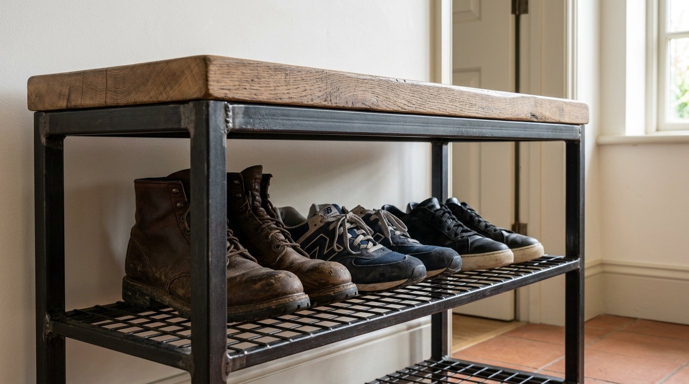 Industrial steel frame shoe rack bench with solid wood seat