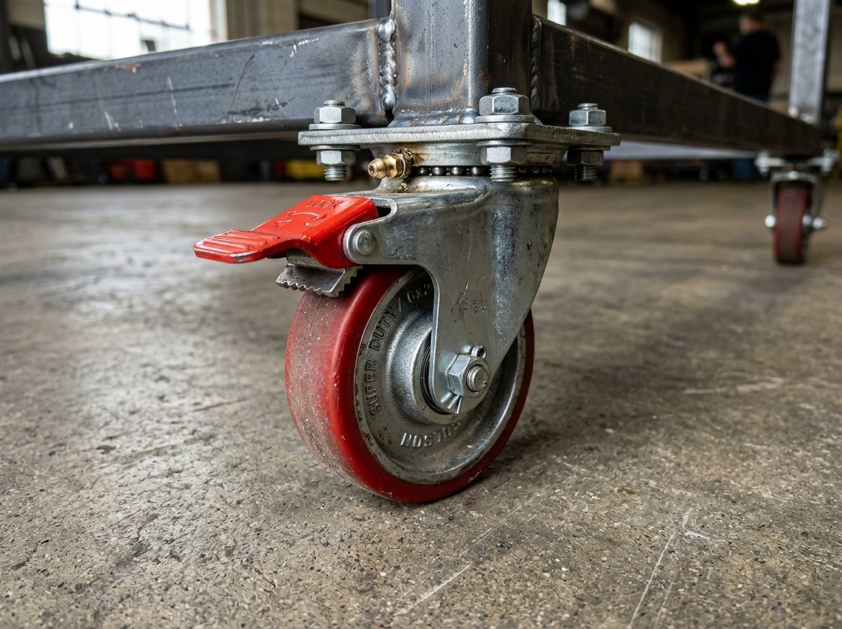 Close-up of industrial caster wheel with dual-locking brake on steel rolling rack base