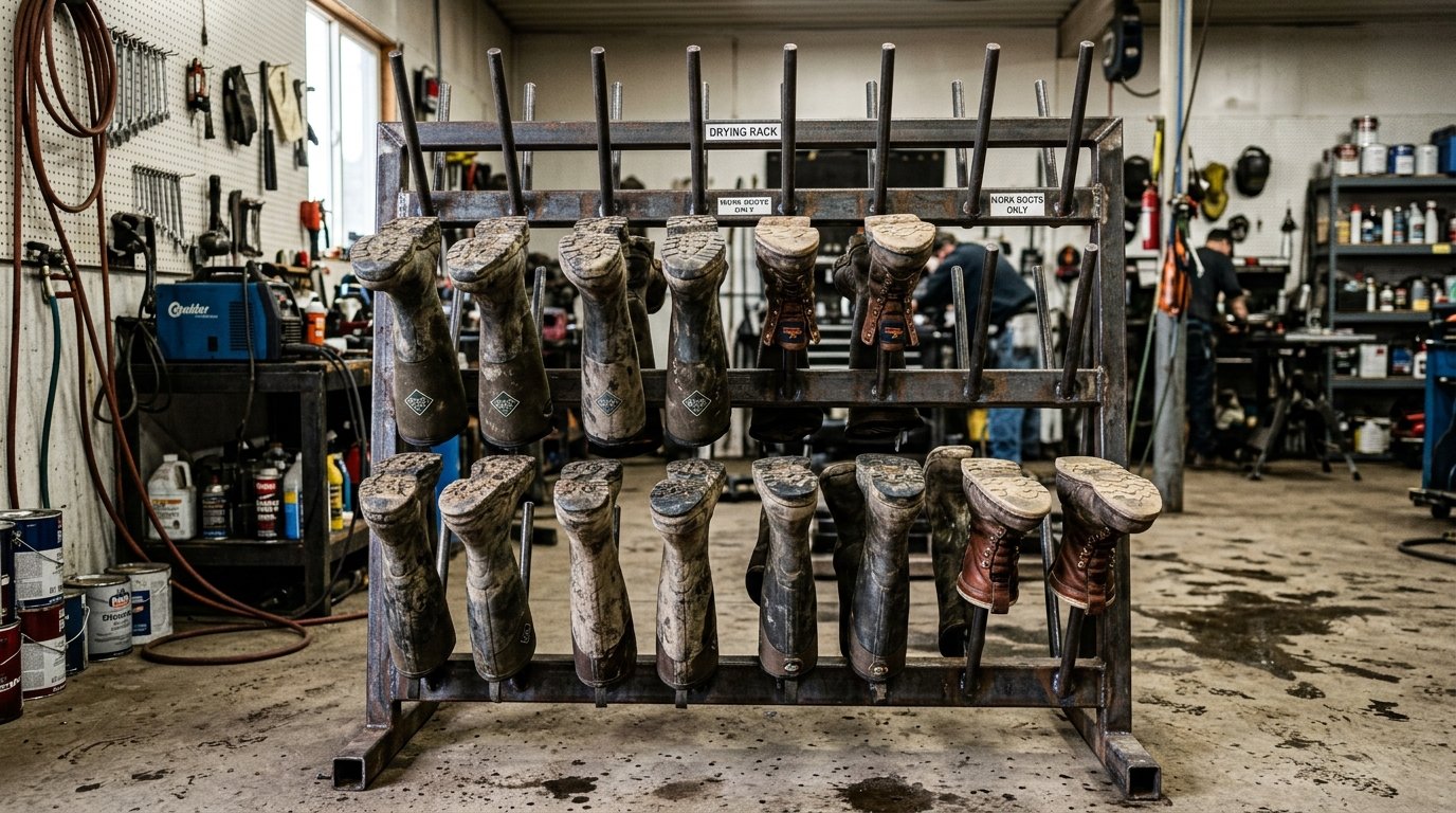 Industrial inverted boot drying rack holding muck boots upside down