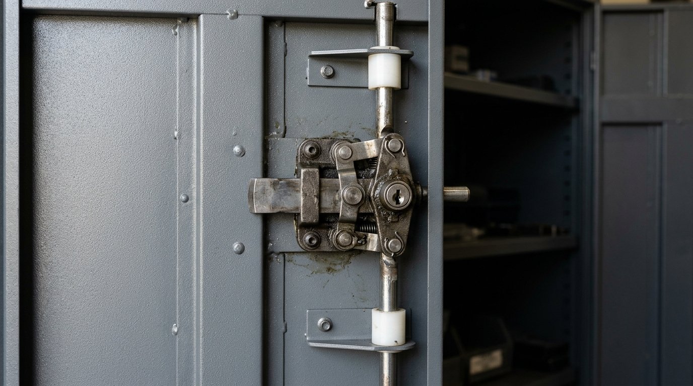 Internal 3-point locking system with vertical steel rods on metal cabinet door