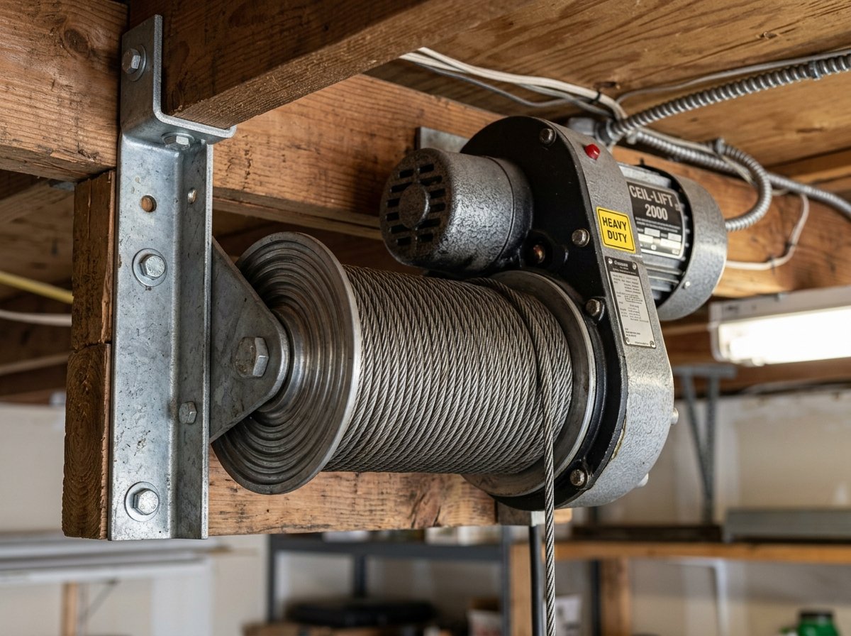 Motorized ceiling hoist motor and steel cable drum mounted to garage ceiling wood joist