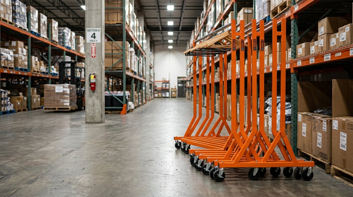 Commercial Z-base rolling garment racks nested together in warehouse