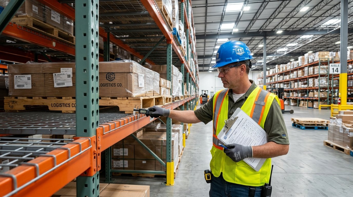Warehouse inspector measuring pallet rack step beam deflection