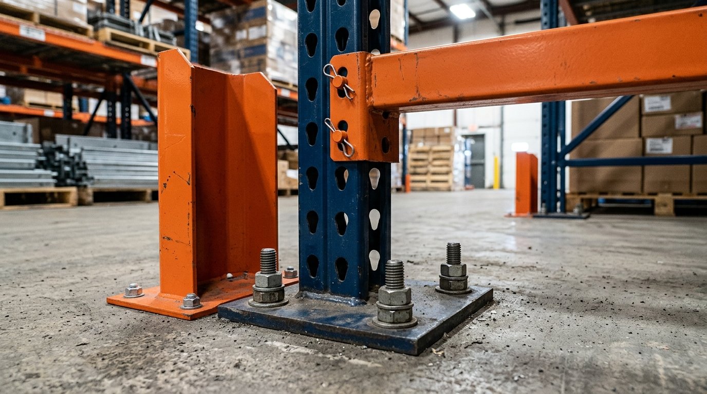 Pallet rack upright column baseplate secured with wedge anchors