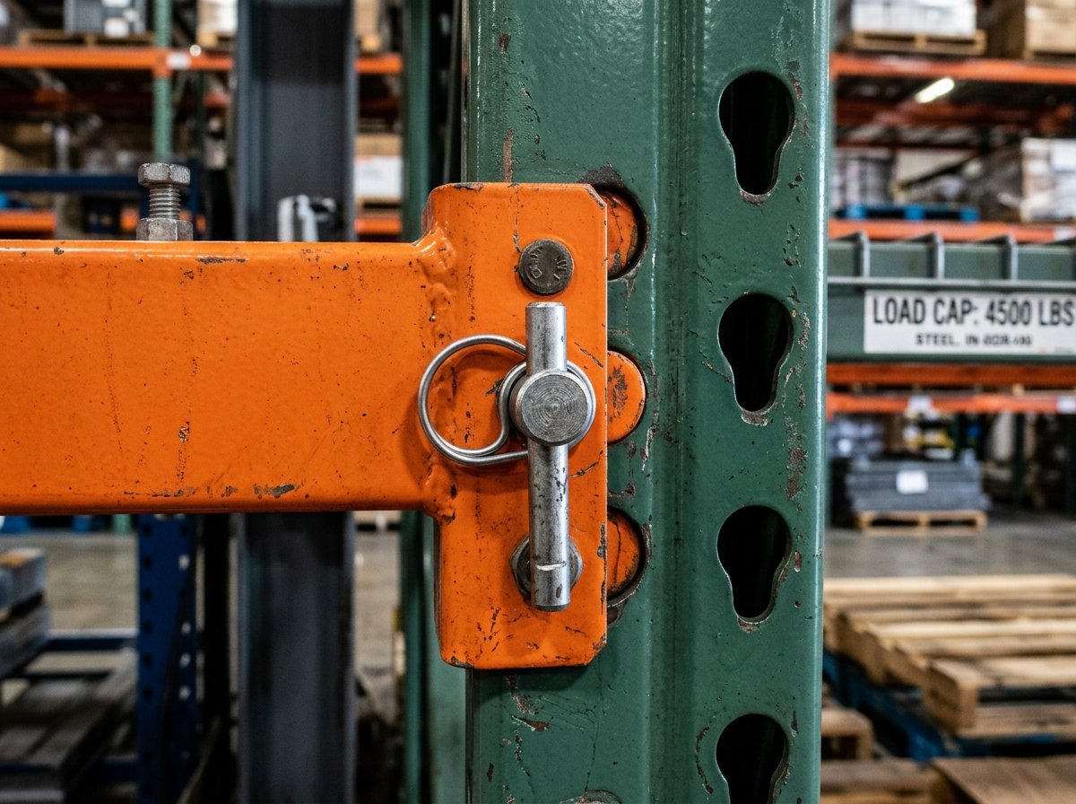 Teardrop pallet rack beam connector locked with safety pin on used warehouse upright frame