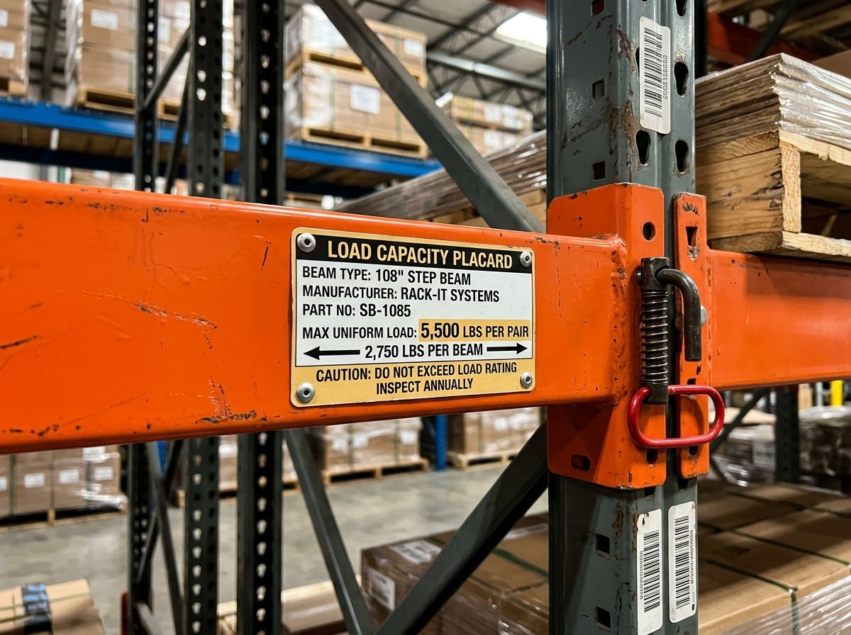 Close-up of pallet rack load capacity rating placard and safety locking pin on orange beam connector