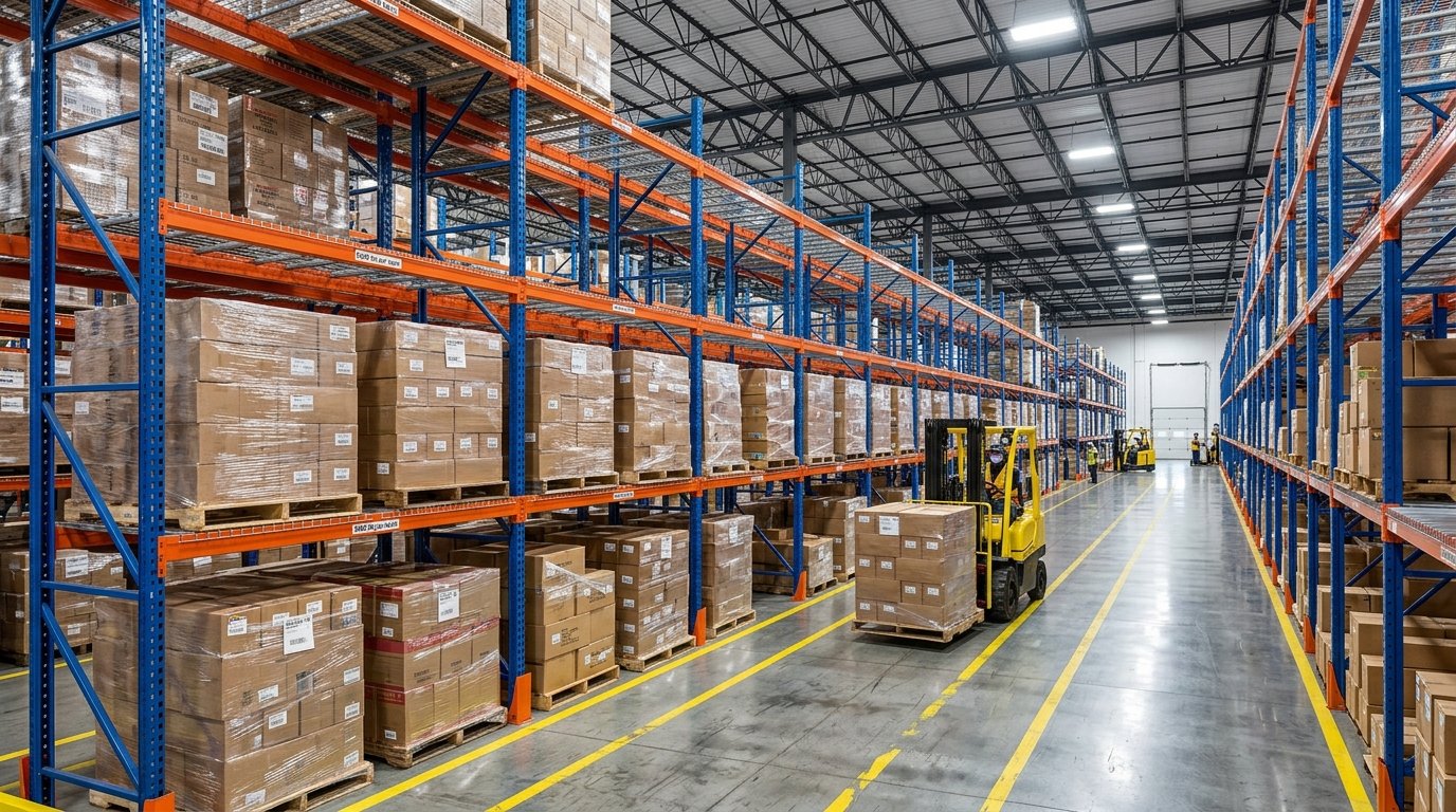 Heavy duty industrial pallet rack shelving bay with wire decking panels in modern warehouse