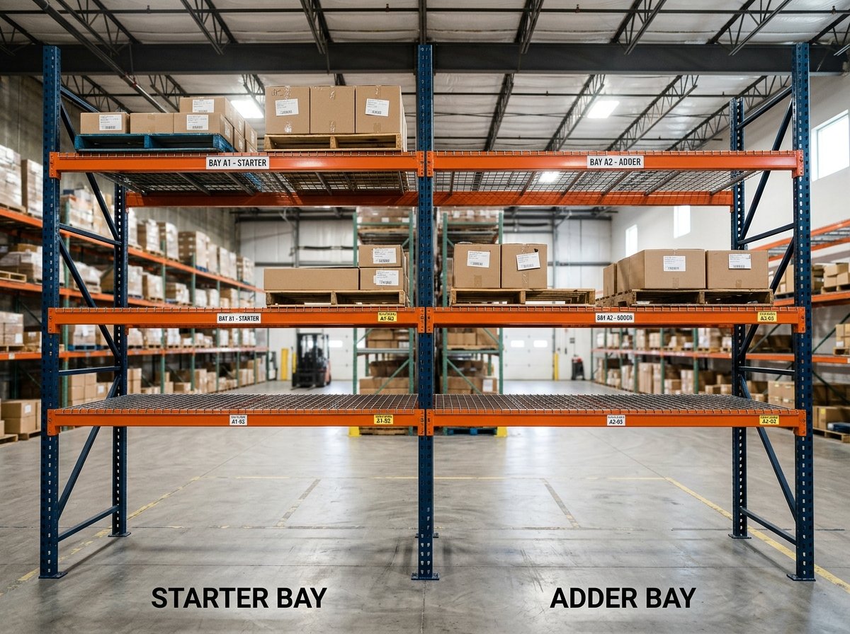 Diagram showing pallet rack starter bay with two uprights joined to an adder bay sharing one upright
