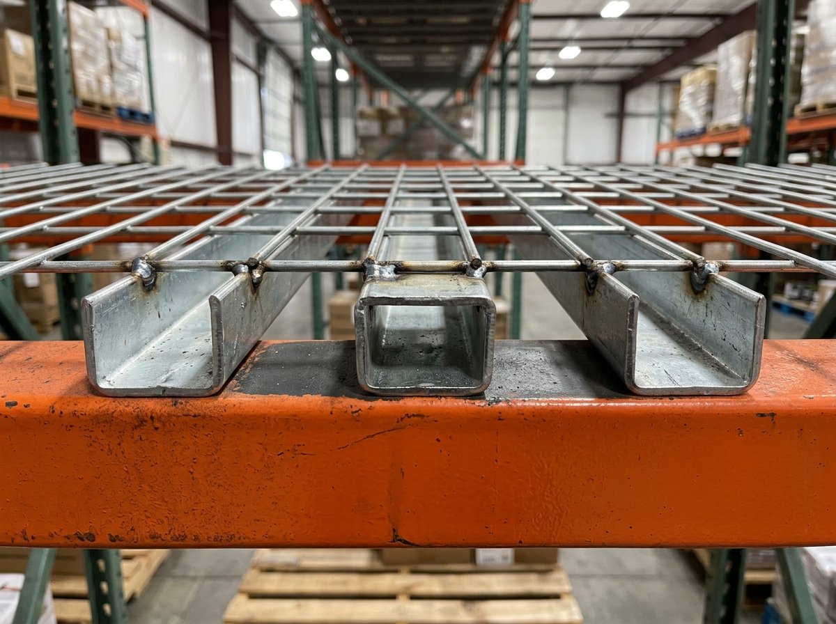 Structural underside of wire deck shelf with heavy gauge steel U-channels resting in beam step
