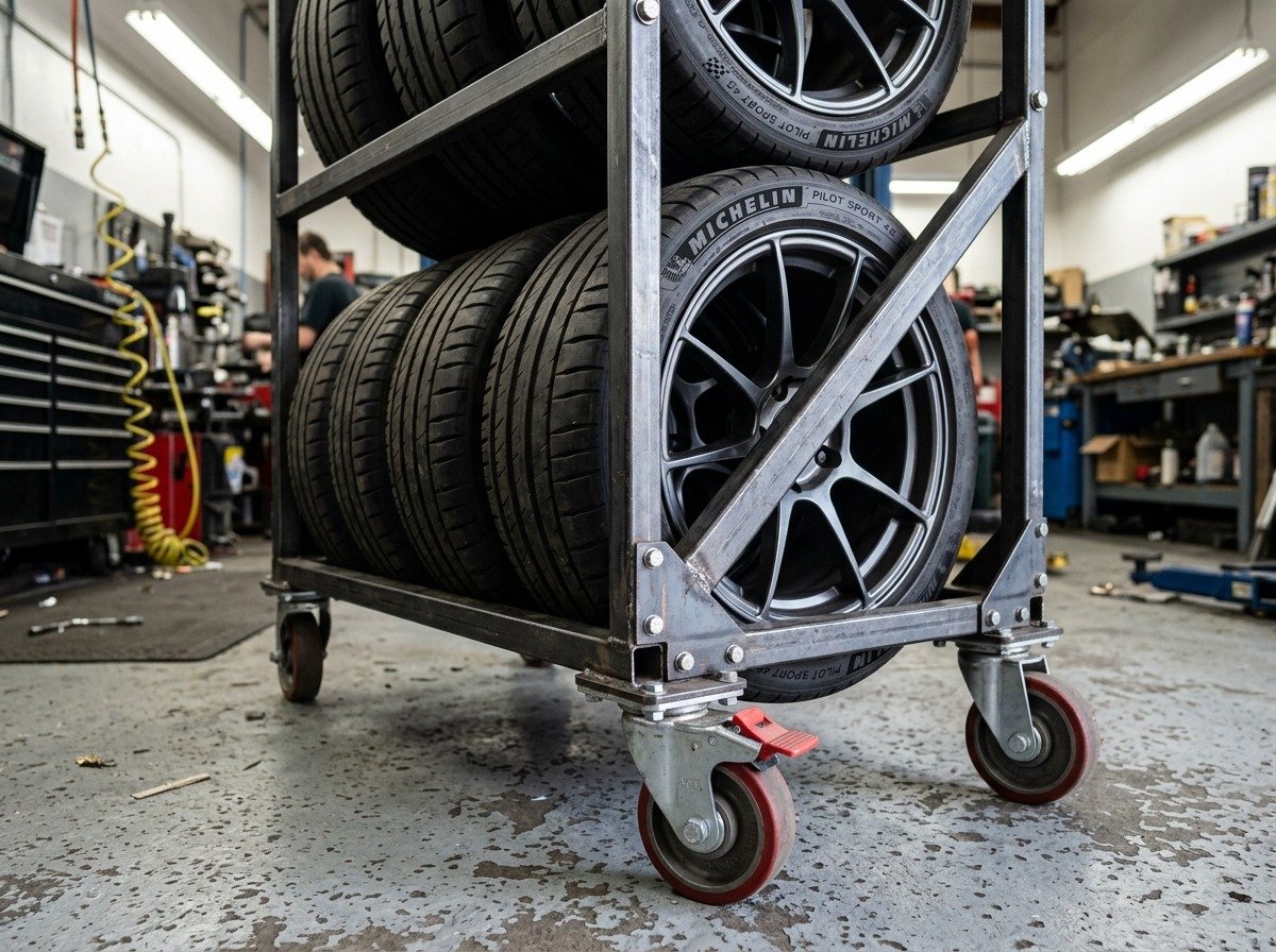 Mobile rolling tire storage rack cart with locking swivel caster wheels holding automotive wheels in garage