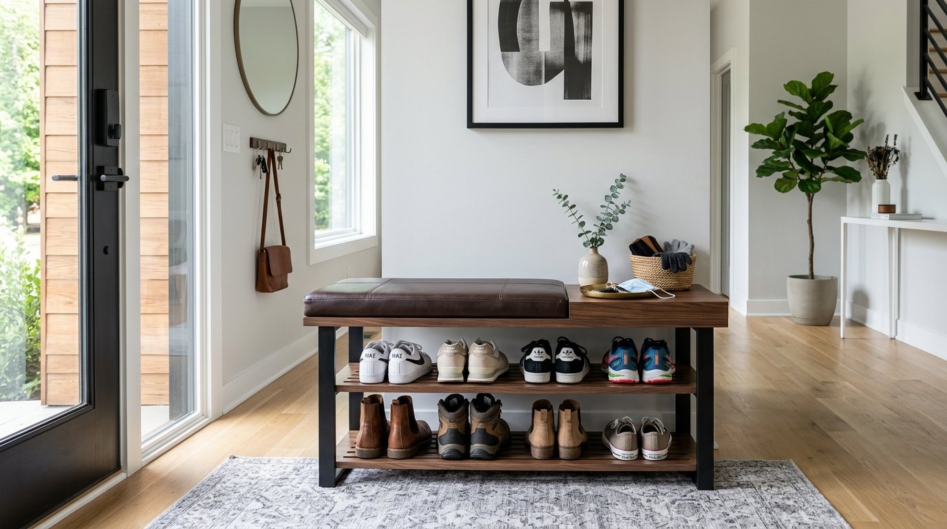 Modern entryway shoe rack bench with padded leather cushion seat