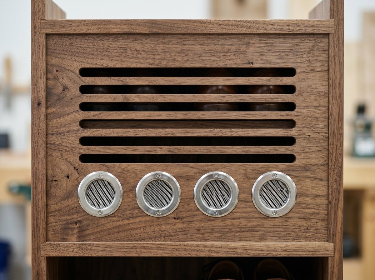 Rear ventilation slots and metal air grommets on back of wooden shoe storage cabinet