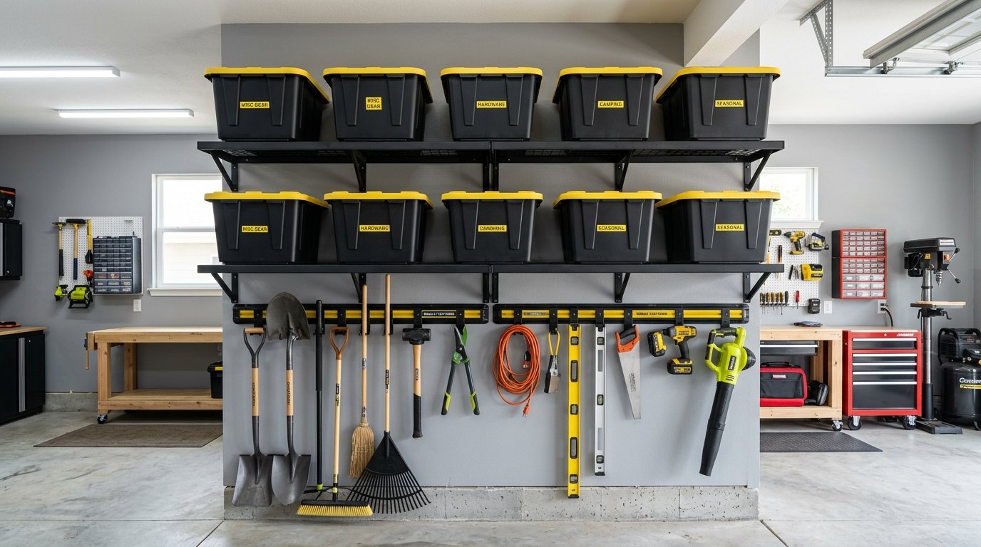 Three-tier garage wall storage layout with plastic totes and tool track