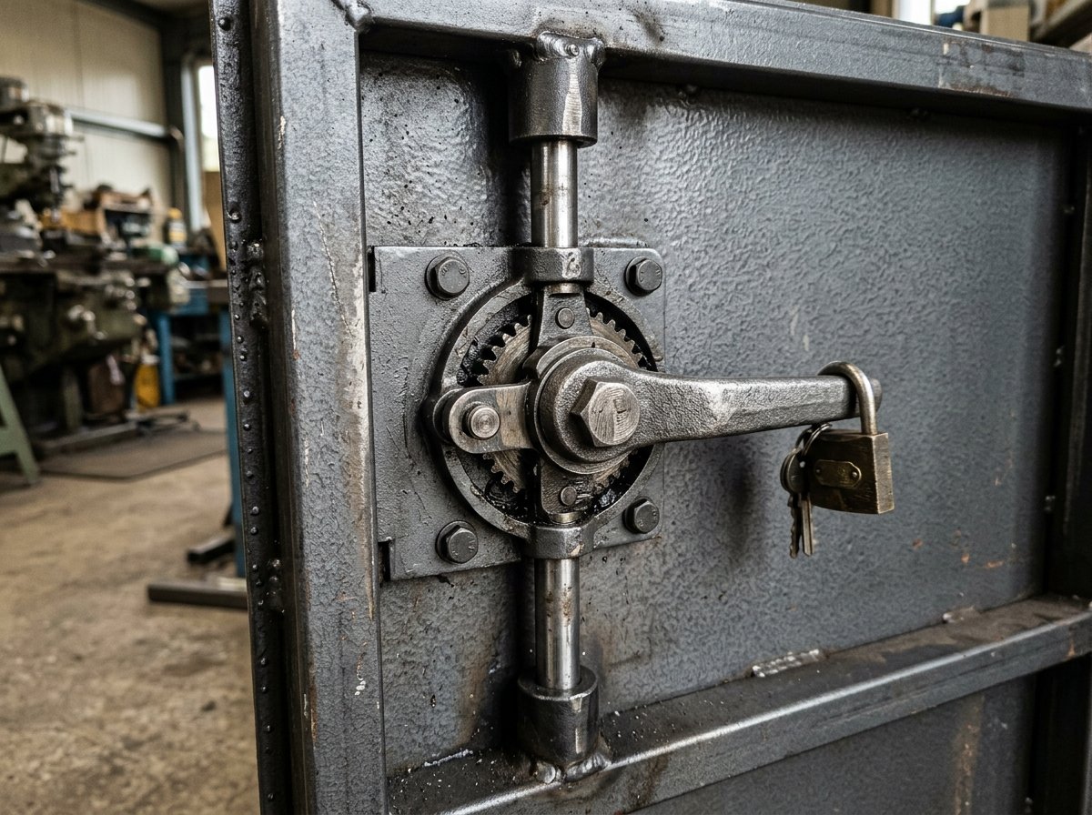 Close-up of heavy-duty 3-point cremone locking mechanism and solid steel vertical rods on metal storage cabinet door