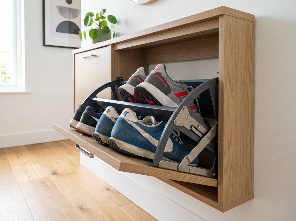 Drop down tip out shoe cabinet drawer open showing sneakers stored vertically on angled shelf