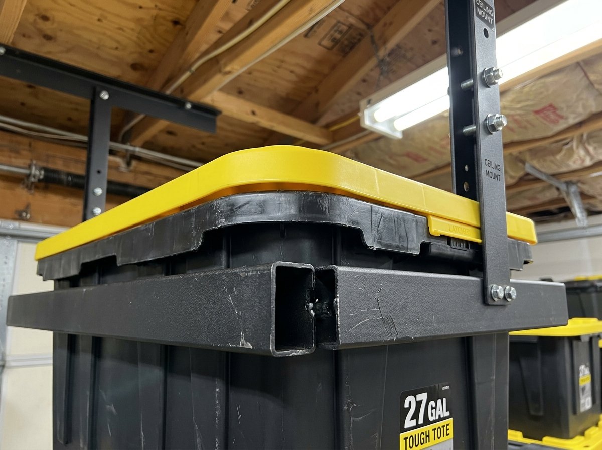 Detail view of 27-gallon tough tote rim seated in SafeRacks steel slide rail channel below ceiling
