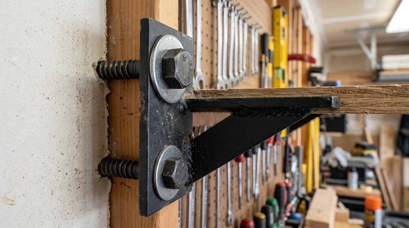 Heavy duty triangular steel garage shelf bracket mounted with structural lag screws