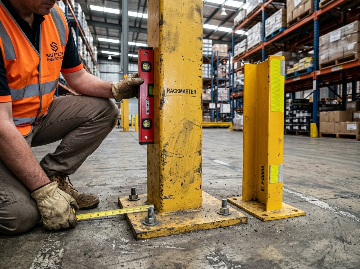 Checking used warehouse racking upright plumbness and baseplate anchor bolt condition