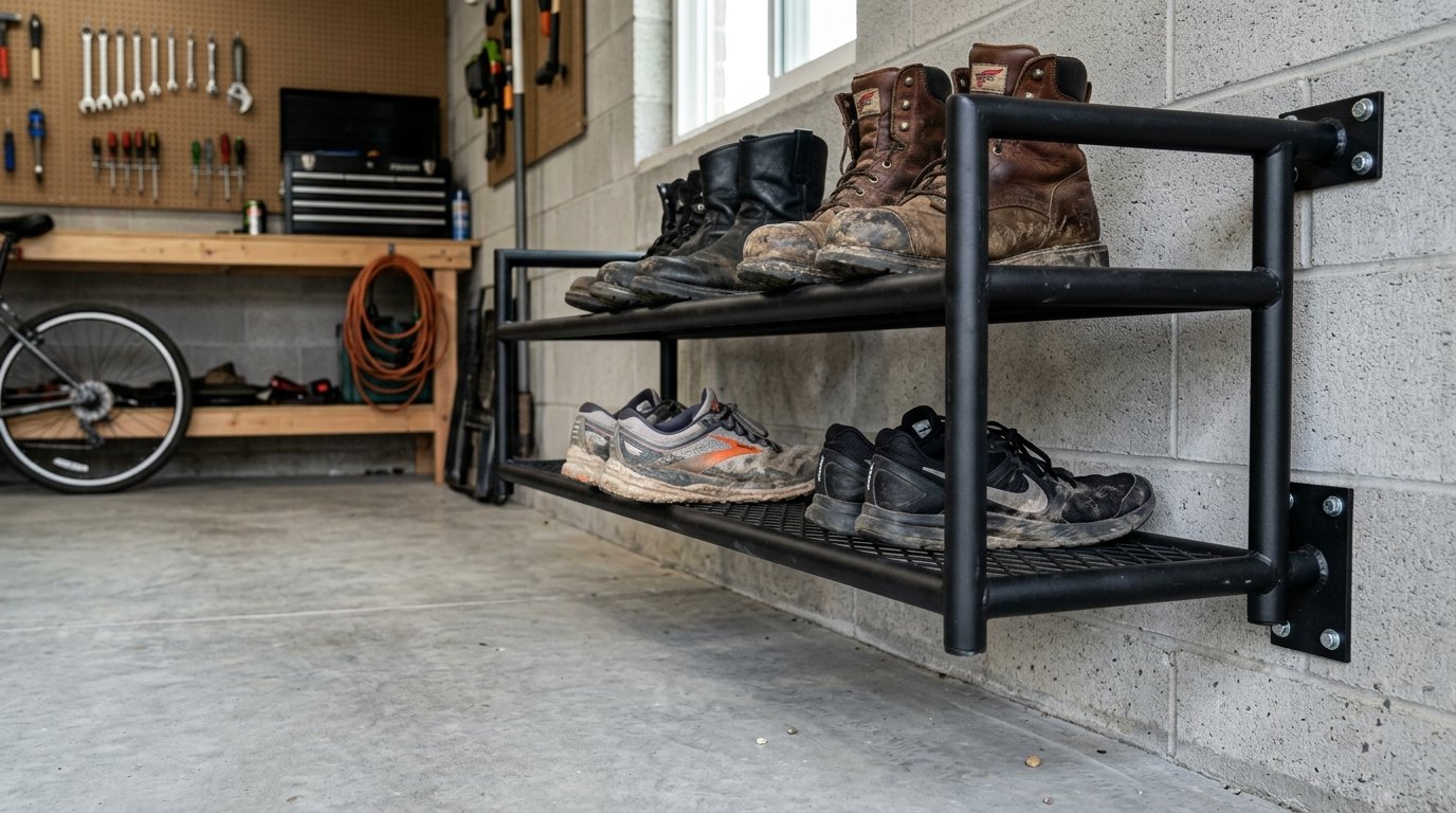 Wall mounted floating steel garage shoe rack elevated above concrete slab
