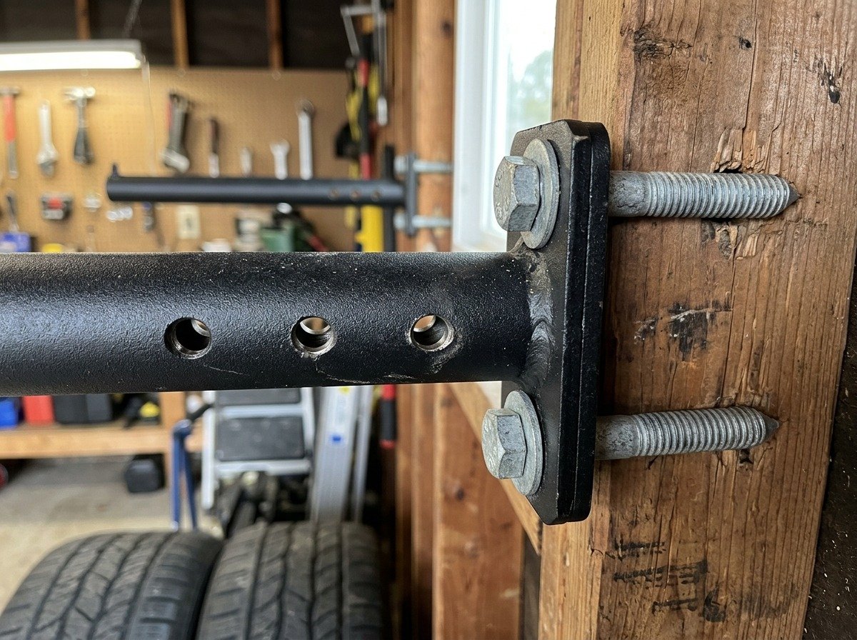 Close-up of wall mounted tire storage rack tubular steel bracket fastened to wood wall stud with lag bolts
