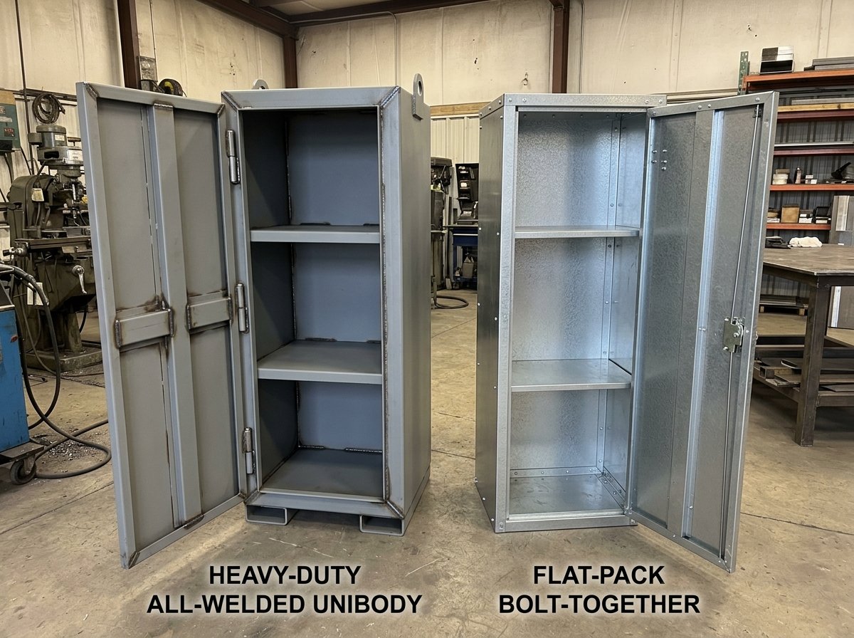 Side by side engineering comparison of an all-welded industrial metal storage cabinet and a bolt-together sheet metal cabinet