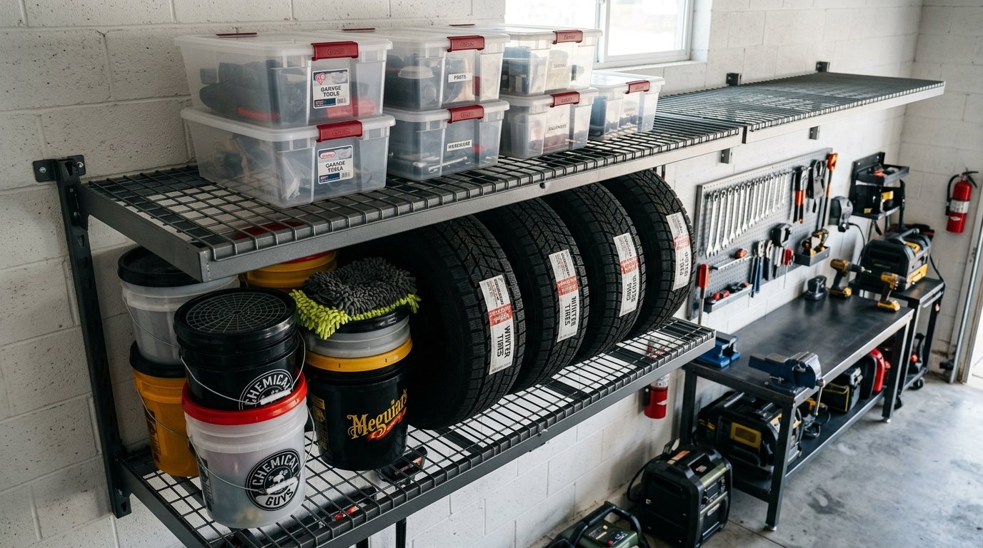 Deep wire grid garage wall shelves loaded with storage containers and spare tires