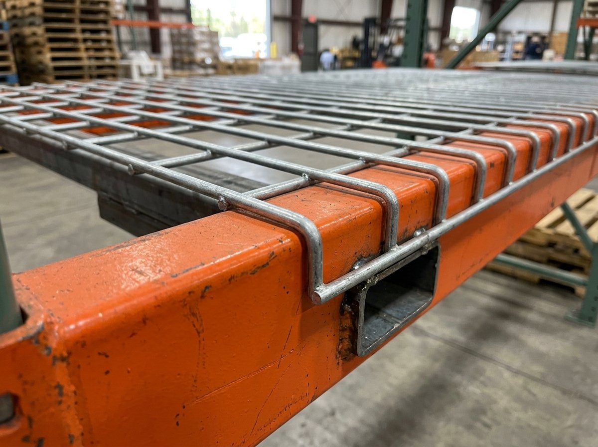 Galvanized wire mesh decking panel waterfall lip seated over orange pallet rack step beam